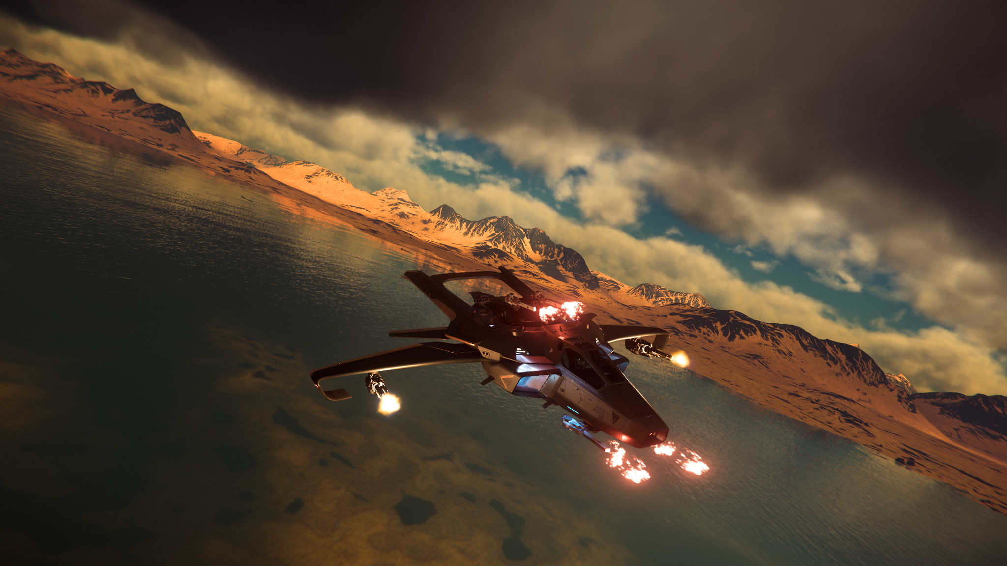 Reaper Squadron bei einer Interception-Mission im Tiefflug über Wasser und Gebirge